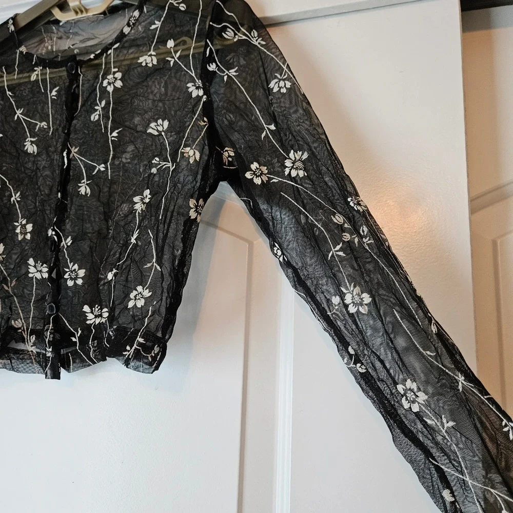 Sheer Black Floral Mesh Cropped Cardigan Top Womens Fairy Grunge Goth‎ Festival